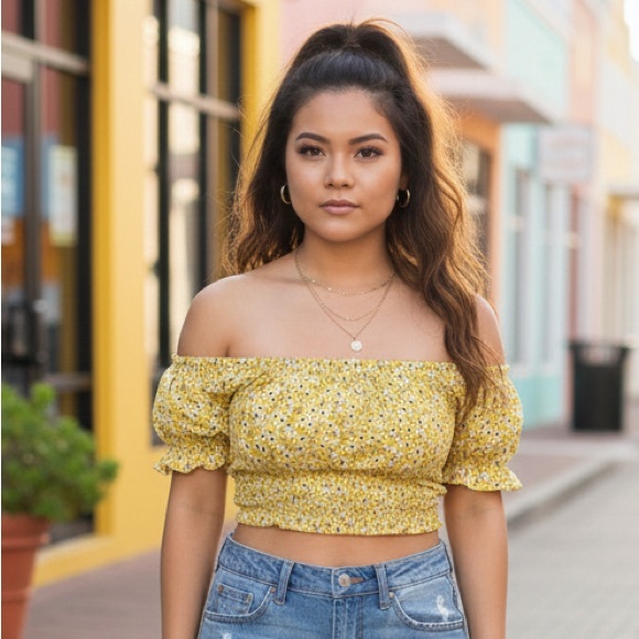 Forever 21 Tops - Forever 21 Smocked Off-the-Shoulder Floral Crop Top - Yellow/White - Small
